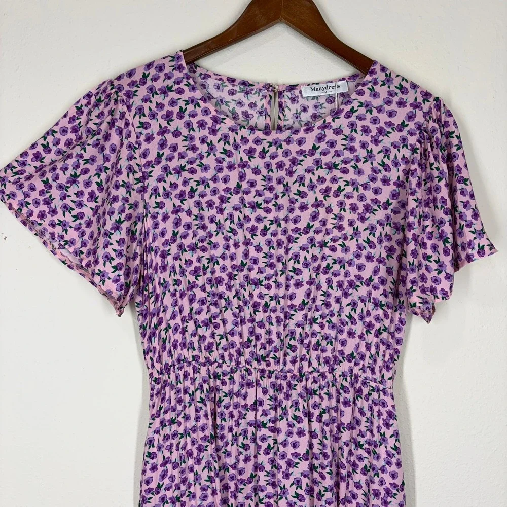 Manydress Womens Floral Maxi Dress Medium Pink Purple Tiered Boho Cottagecore